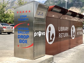 Utah County Elections Ballot Dropbox in Library Parking Lot, next to Library Return Box